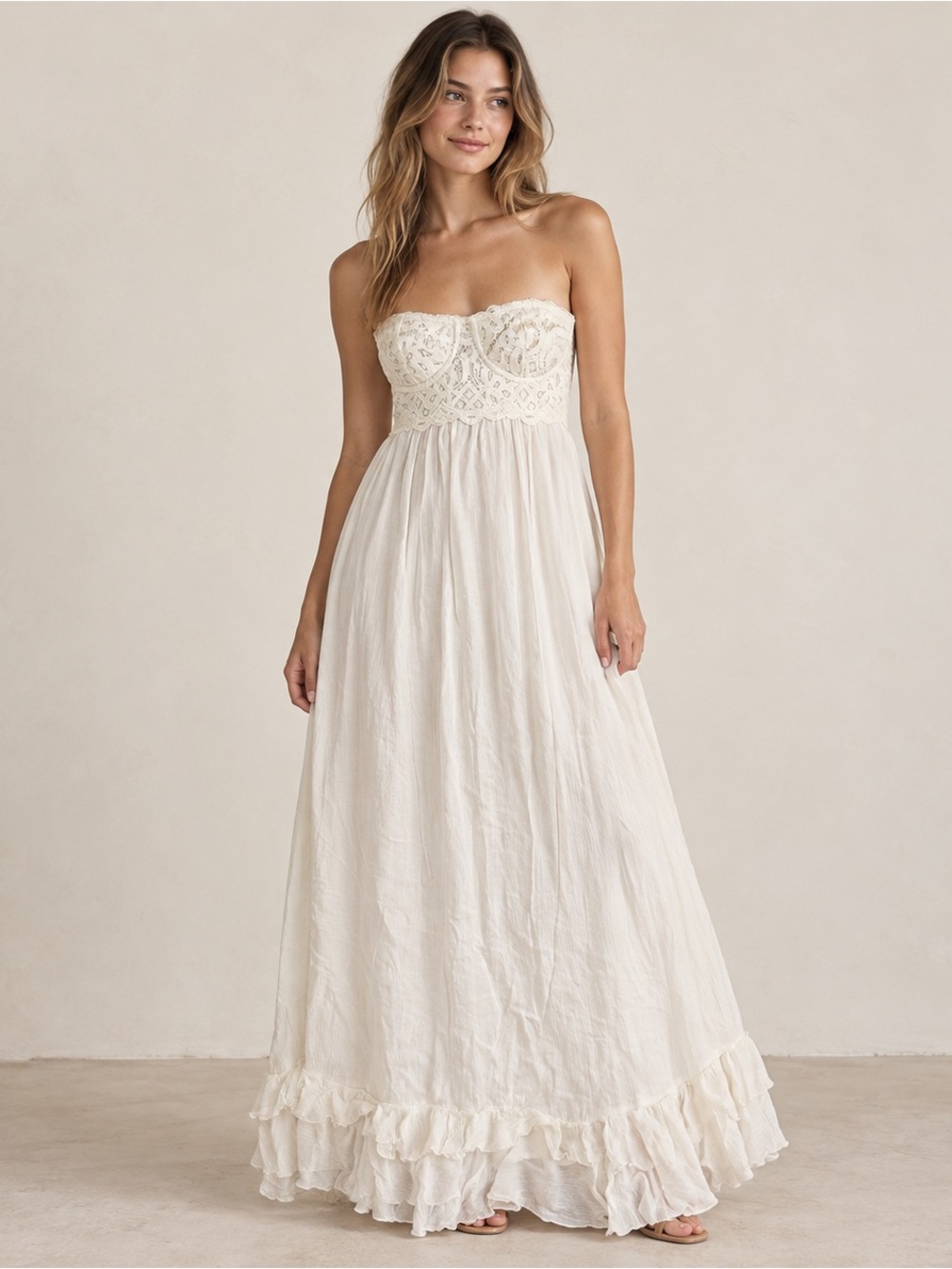 Free People FP One Ivory Strapless Lace Maxi Dress Size M Boho Bride Engagement